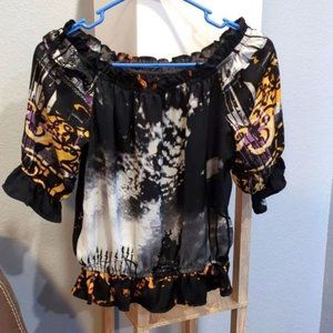 Ela Women's Black Tie Dyed Print Top With Balloon Bell Sleeves Size Medium
